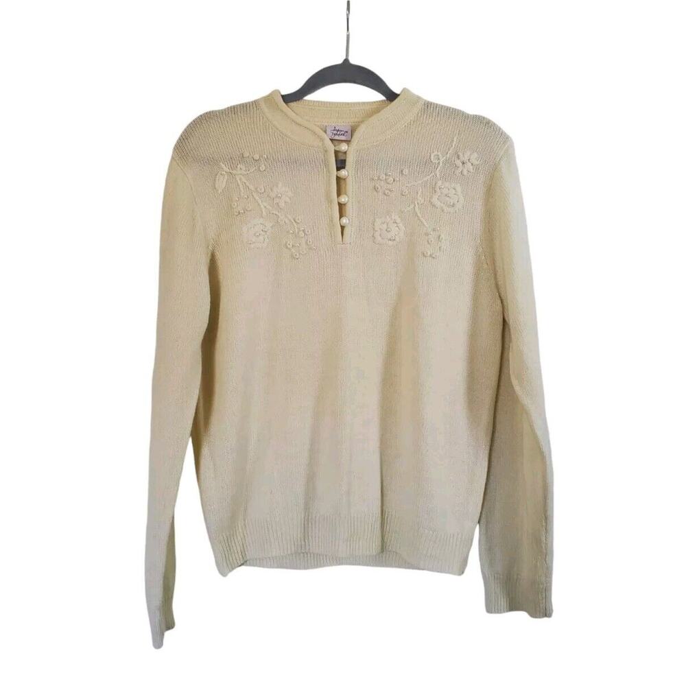 Vintage Knit Cream Cottagecore Grandma Floral Pearl Embroidered Sweater, Medium